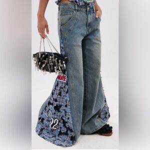 NWT AKIRA ON POINT PLAID EMBELLISHED DENIM Blue Wide-Leg Denim Jeans Size 1X
